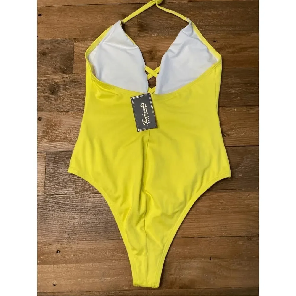 Frederick's of Hollywood SMALL NWT Sunset Strap Blazing Yellow Halter Swimsuit
